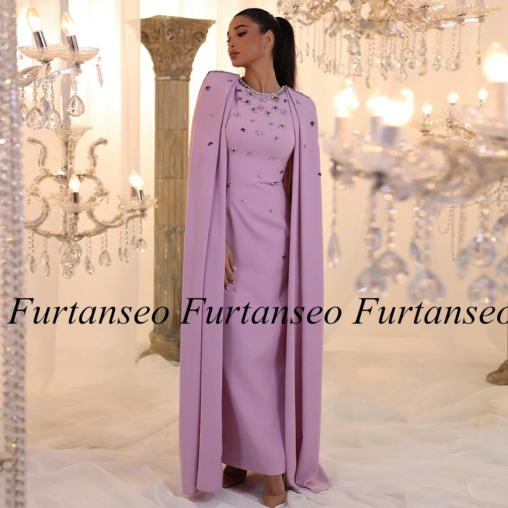 Fashion Lilac Prom Dress with Cape Luxury Stones Crystal Round Neck Straight Party Gown Ankle Length Saudi Arab Evening Dresses
Fashion Lilac Prom Dress with Cape Luxury Stones Crystal Round Neck Straight Party Gown Ankle Length Saudi Arab Evening Dresses