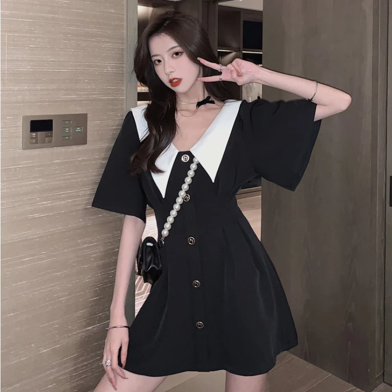 

2024 Summer New Peter Pan Collar Dresses Women High Waisted Short-sleeved High Street Fashion Versatile Office Lady Dress Female