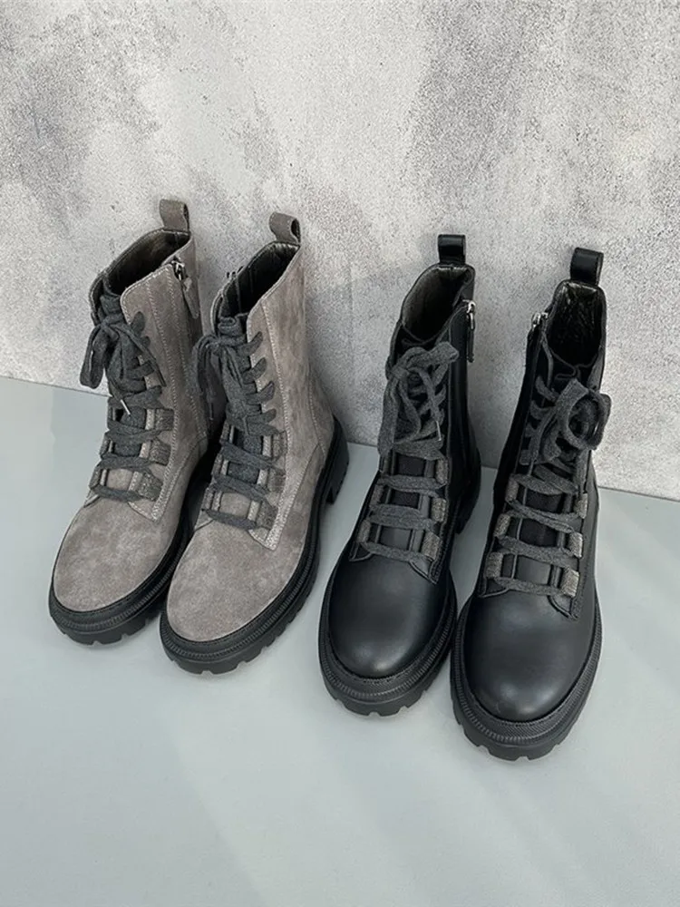 

Fall Winter 2023 Women's Lace-Up Short Boots Thick Soled Genuine Leather Zipper Beading Chain Round Toe Fashion Female Shoes