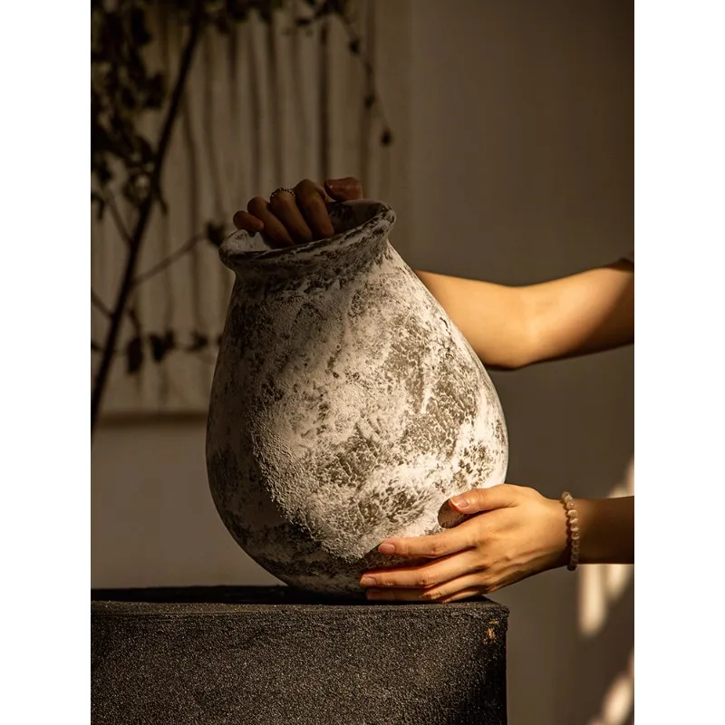 

Antique vase, dry flower pottery jar, Zen style ceramic, retro earthenware, homestay hotel, flower arrangement,