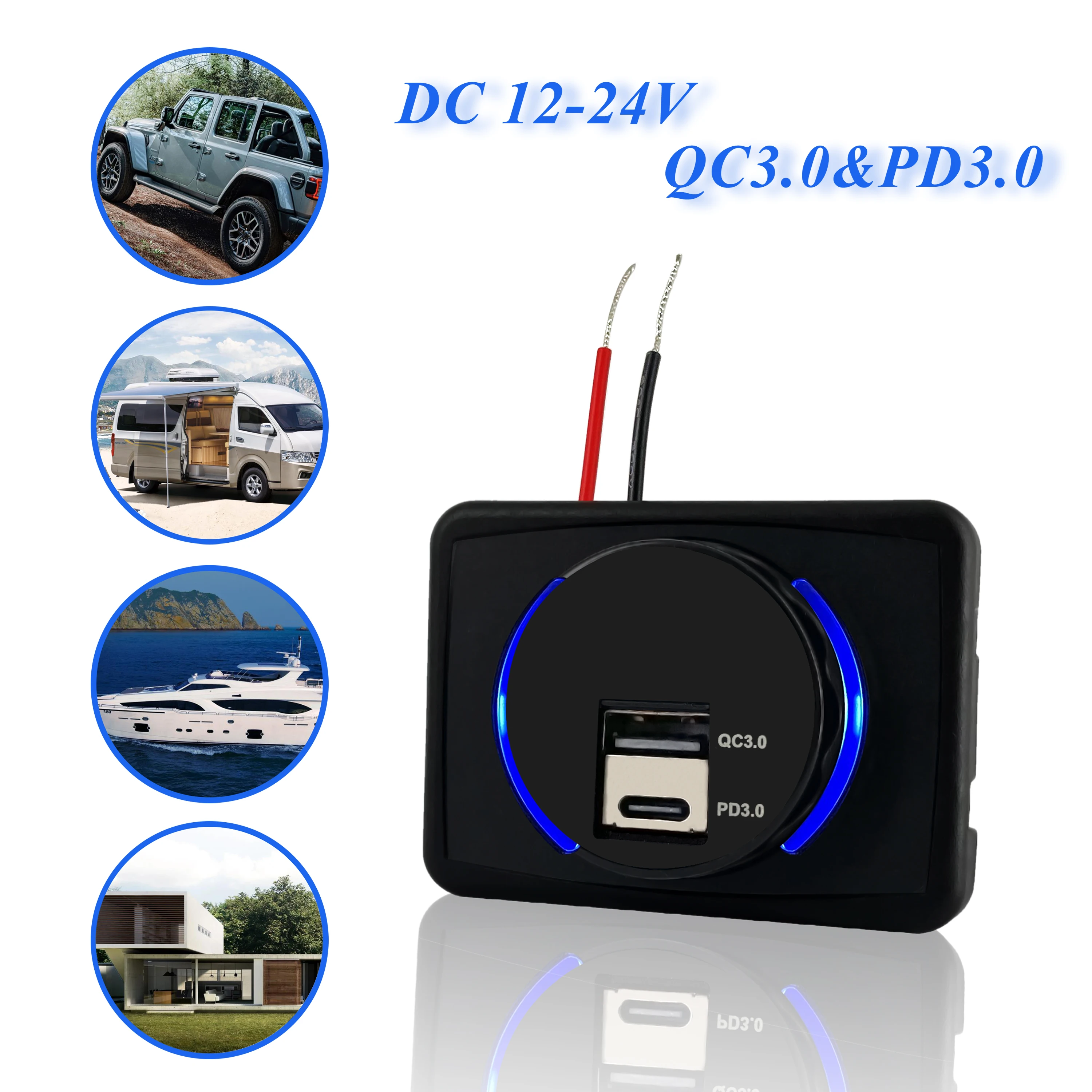 

QC 3.0 + PD 3.0 USB Type-C Dual Quick Car Power Charger Blue Light for 12V Motorcycle Camper Truck ATV Boat
