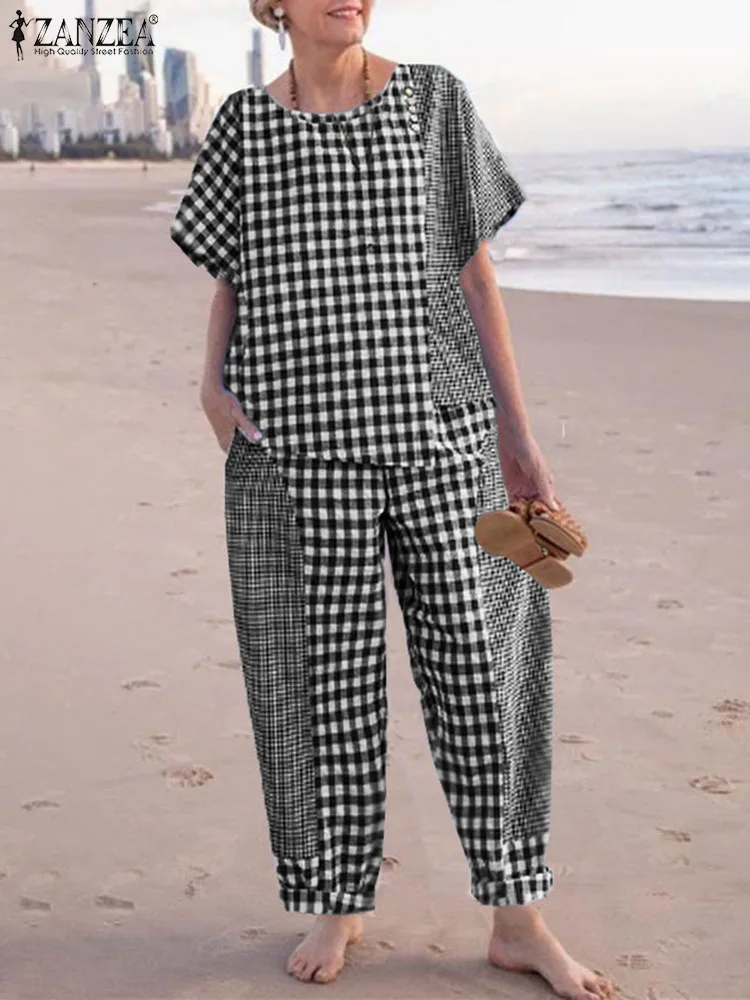 Summer Women Tracksuits Short Sleeve Blouse Suits Patchwork Pants Sets Outfits ZANZEA 2PCS Vintage Plaid Checked Matching Sets
Summer Women Tracksuits Short Sleeve Blouse Suits Patchwork Pants Sets Outfits ZANZEA 2PCS Vintage Plaid Checked Matching Sets
