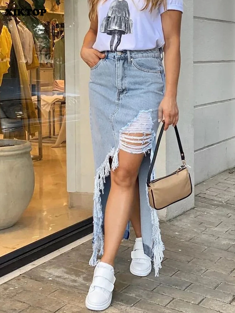 XIKTOP Denim Frayed Maxi Skirt Women Summer Sexy Ripped Distressed Back Slit Fashion Asymmetric Bodycon Jean Skirt Stylish Party
XIKTOP Denim Frayed Maxi Skirt Women Summer Sexy Ripped Distressed Back Slit Fashion Asymmetric Bodycon Jean Skirt Stylish Party