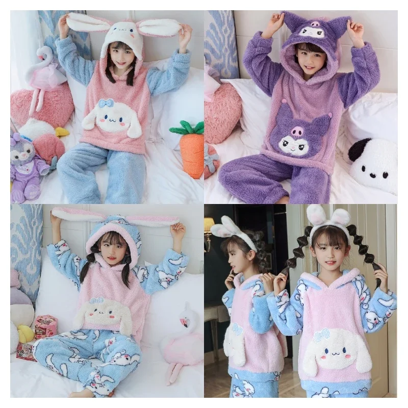 

Anime Sanrios Cinnamoroll Kuromi My Melody Girls Winter Plush Homewear Set Kawaii Children Thicken Top Pants 2-piece Set Pajamas