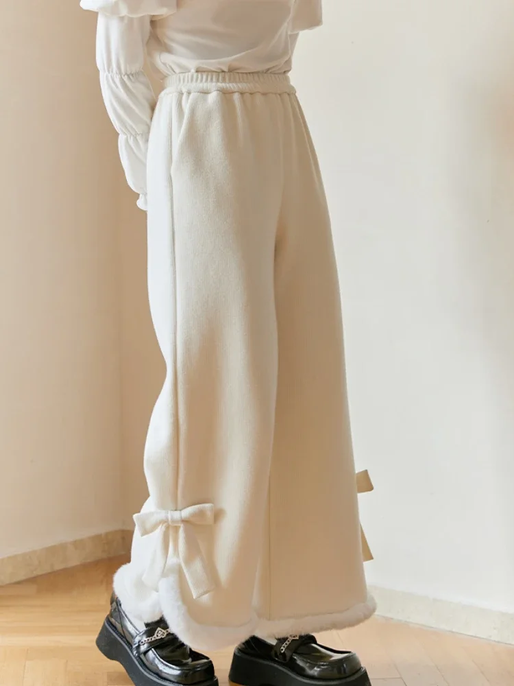 

Японские милые повседневные женские брюки в Корейском стиле, теплые плюшевые брюки, женские свободные милые брюки с широкими штанинами и бантом, зима 2023
