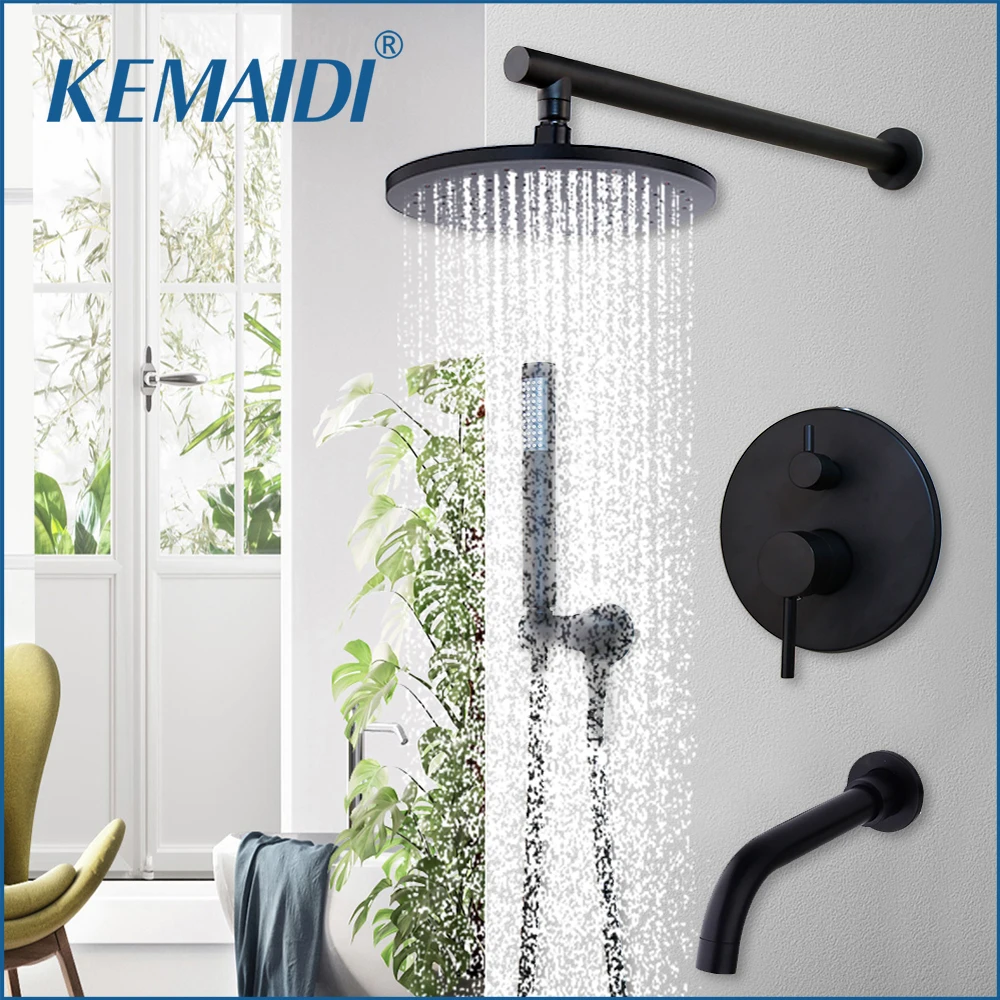 

KEMAIDI Matte Black Shower System Set with Tub Spout Shower Faucet Combo Wall Mounted Rainfall Shower Head Handheld Shower Mixer