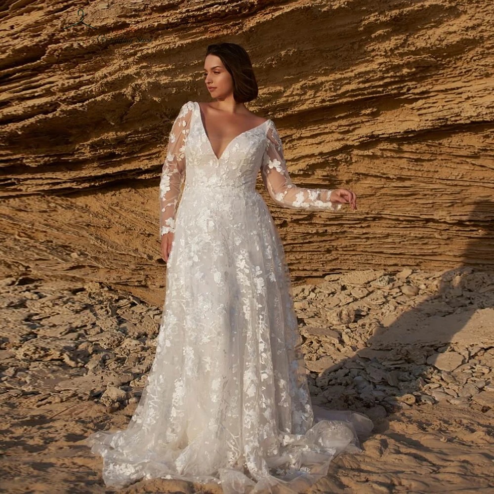 Exquisite Wedding Dresses Plus Size V Neck Long Sleeves Bride Gowns Appliques Back Button Floor Length A-Line Robe De Mariee
Exquisite Wedding Dresses Plus Size V Neck Long Sleeves Bride Gowns Appliques Back Button Floor Length A-Line Robe De Mariee
