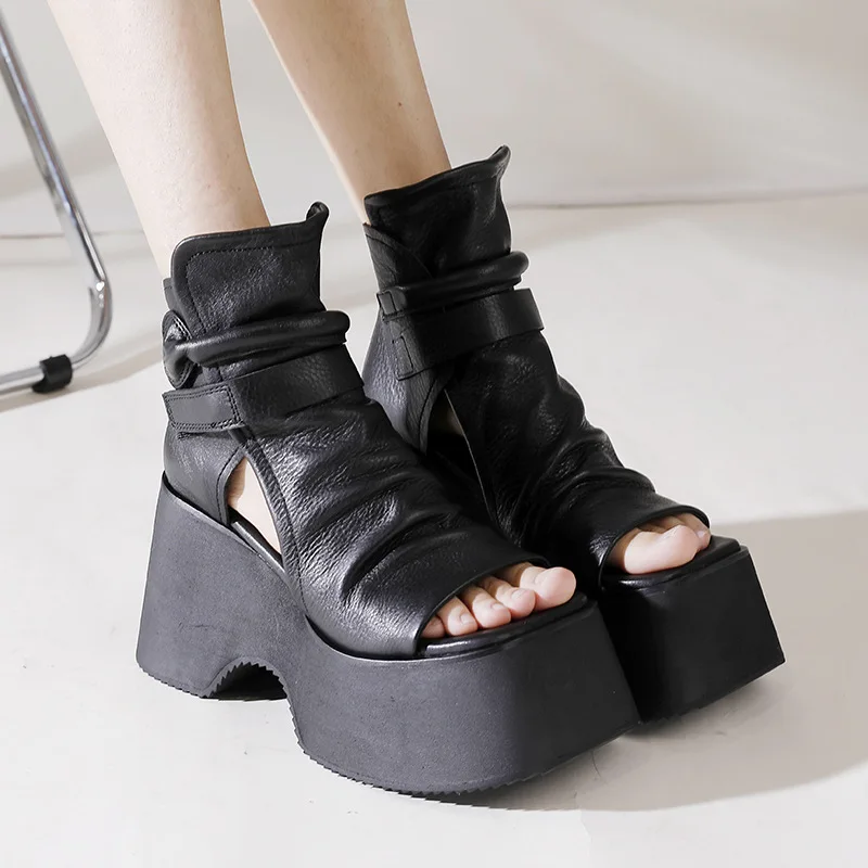 

Patent Leather Sandals Platform Pleated Decoration Belt Buckle Sexy Style Square Toe High Heels Sandalias Con Plataforma Mujer