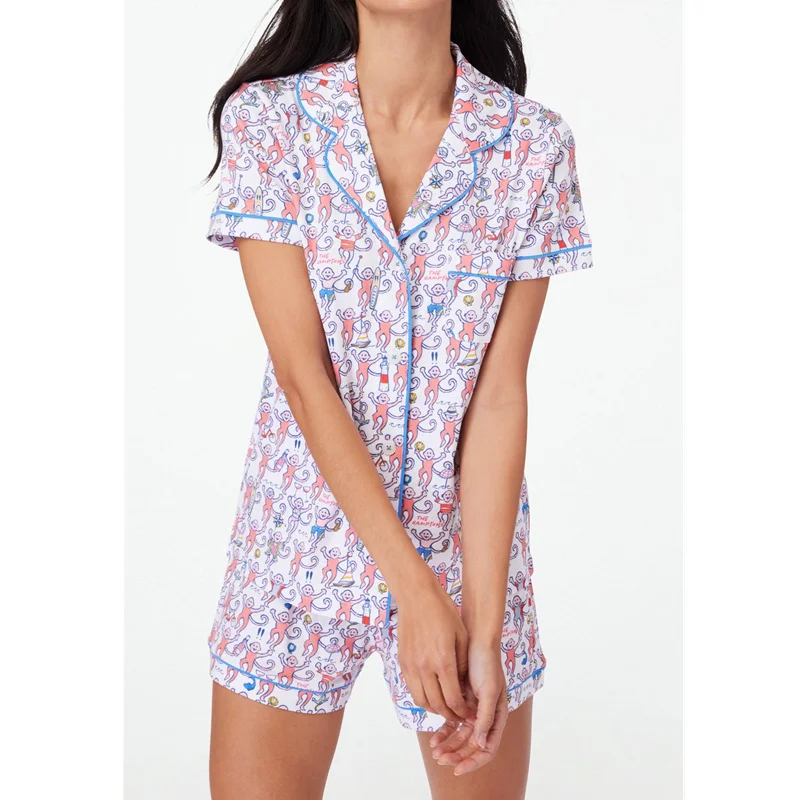 

Preppy Pajamas Monkey Pattern Set 2000s Women Sleepwear Single Breasted Short Sleeve Shirt Top and Shorts Two Piece Loungewear