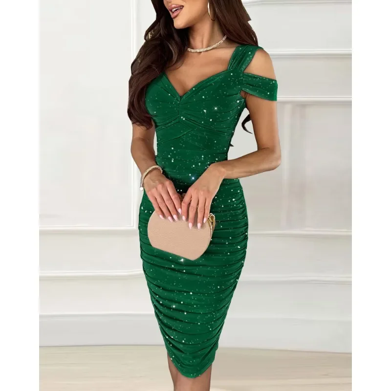 

Glitter Cold Shoulder Ruched Party Dress Elegant Sexy Women V Neck High Waist Corset Folds Evening Graduation Dress Y2K Chic