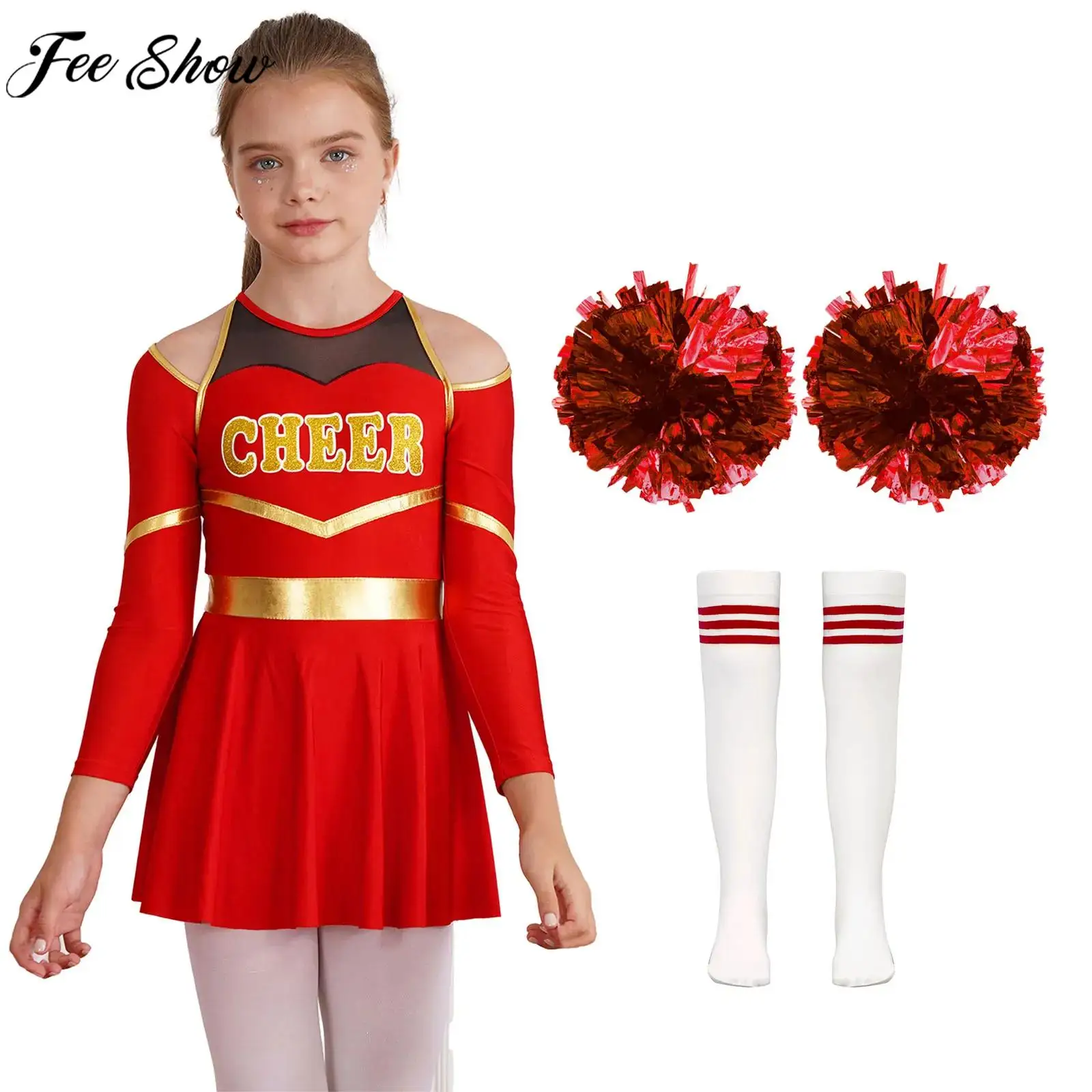 Children Girls Cheerleading Dance Performance Outfit Print Leotard Dress with Flower Balls Socks for Sports Meeting School Party
Children Girls Cheerleading Dance Performance Outfit Print Leotard Dress with Flower Balls Socks for Sports Meeting School Party