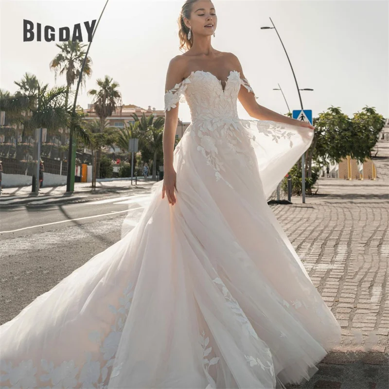 

Elegant A-Line Wedding Dress Women Open Back Lace Sweetheart Off The Shoulder Applique Bridal Gown Sweep Train Vestido De Noiva
