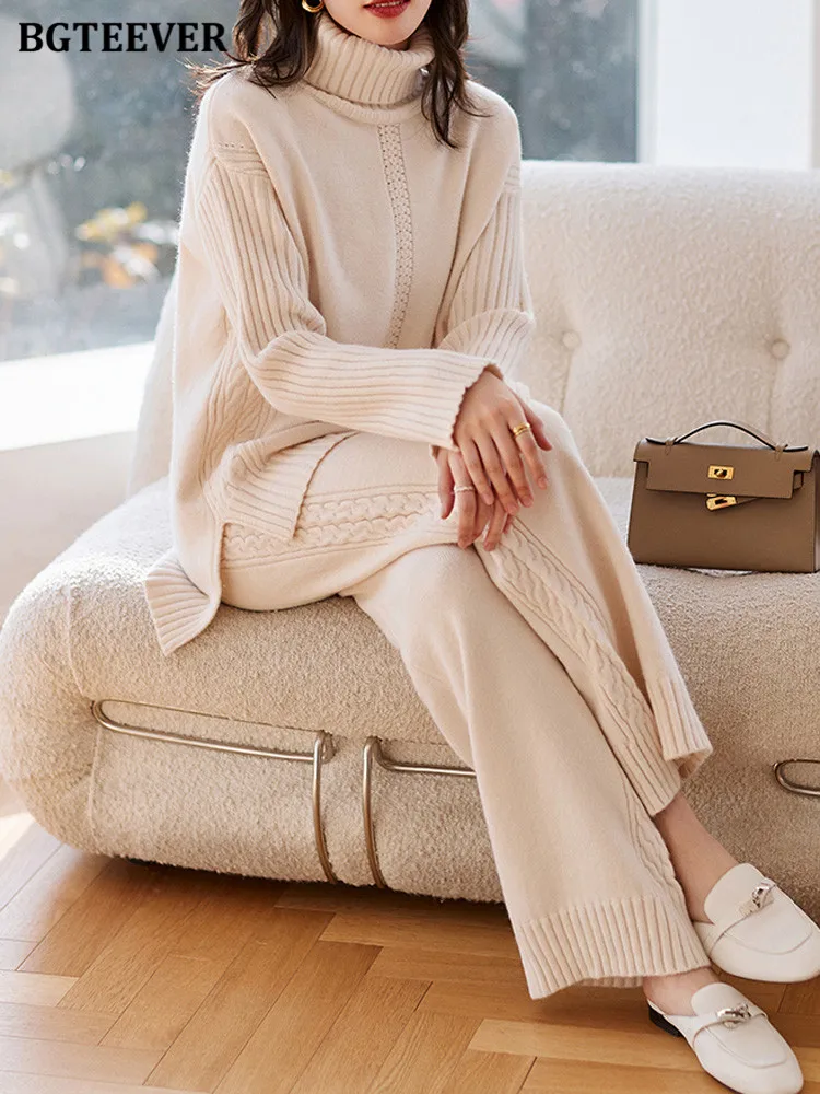 Повседневный утепленный вязаный комплект из брюк BGTEEVER, женские пуловеры с высоким воротом и брюки с широкими штанинами, женский свитер на осень и зиму
Повседневный утепленный вязаный комплект из брюк BGTEEVER, женские пуловеры с высоким воротом и брюки с широкими штанинами, женский свитер на осень и зиму