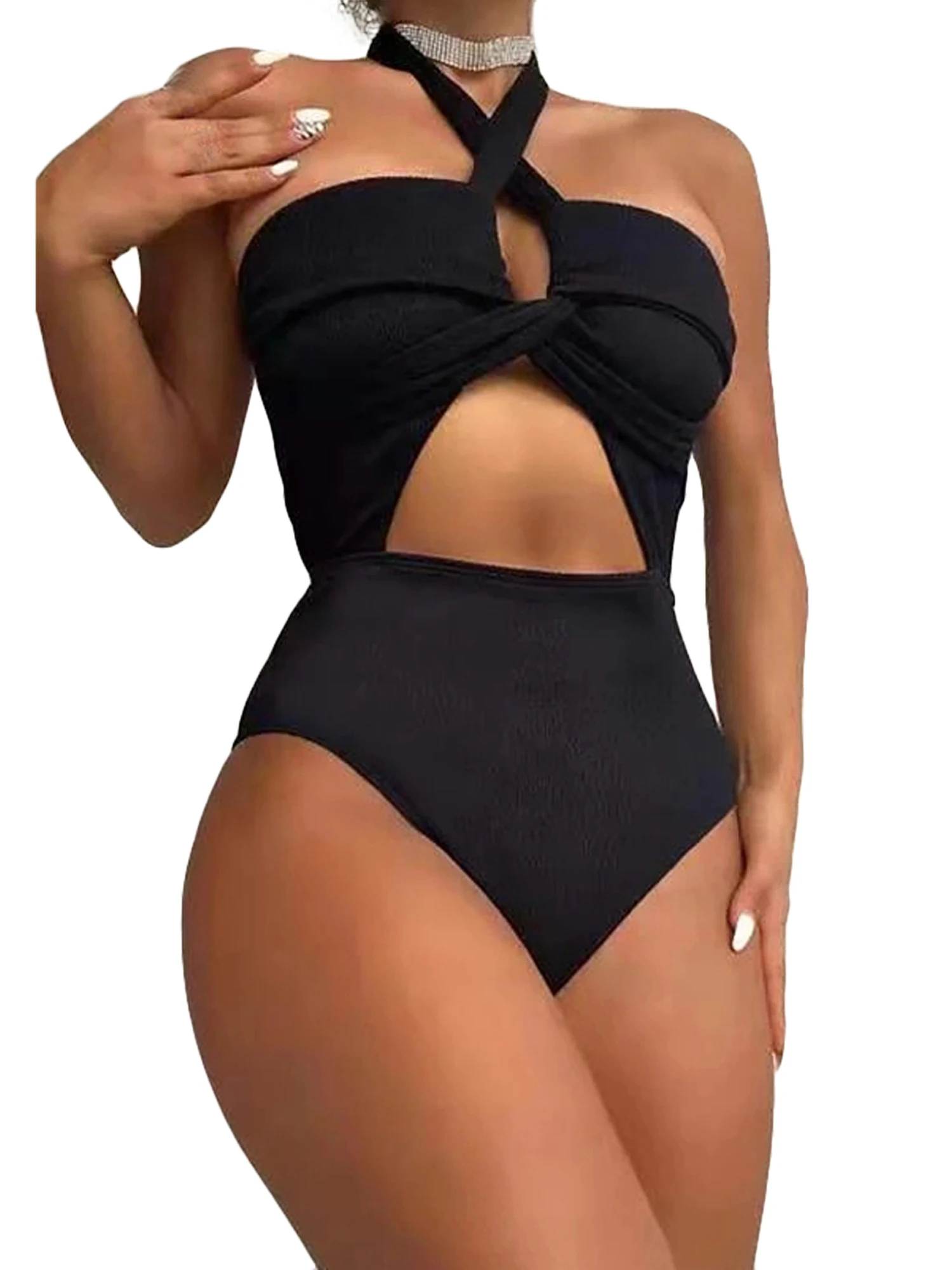 Women's Halter OnePiece Swimsuit Sleeveless Front Cross Cutout Monokini Bathing Suit Ladies Sportwear 
Women's Halter OnePiece Swimsuit Sleeveless Front Cross Cutout Monokini Bathing Suit Ladies Sportwear