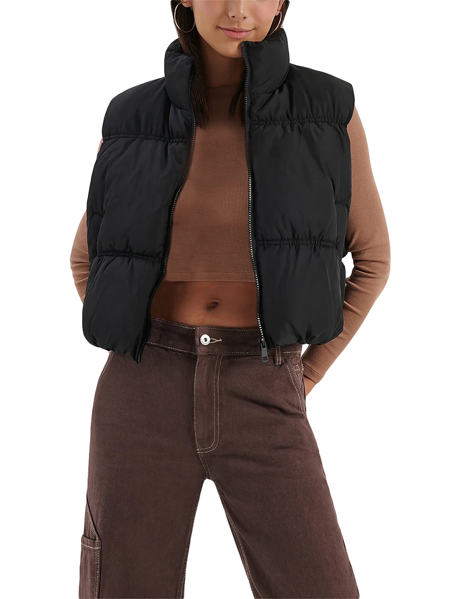 

Women Winter Short Vest Padded Coat Stand Collar Lightweight Sleeveless Puffer Zip Up Gilet Outerwear