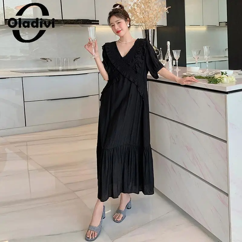 

Oladivi Large Size Women Casual Loose Short Sleeve V-Neck Ruffle Dress 2023 Summer New Oversized Dresses Female Tunic Robe 50942