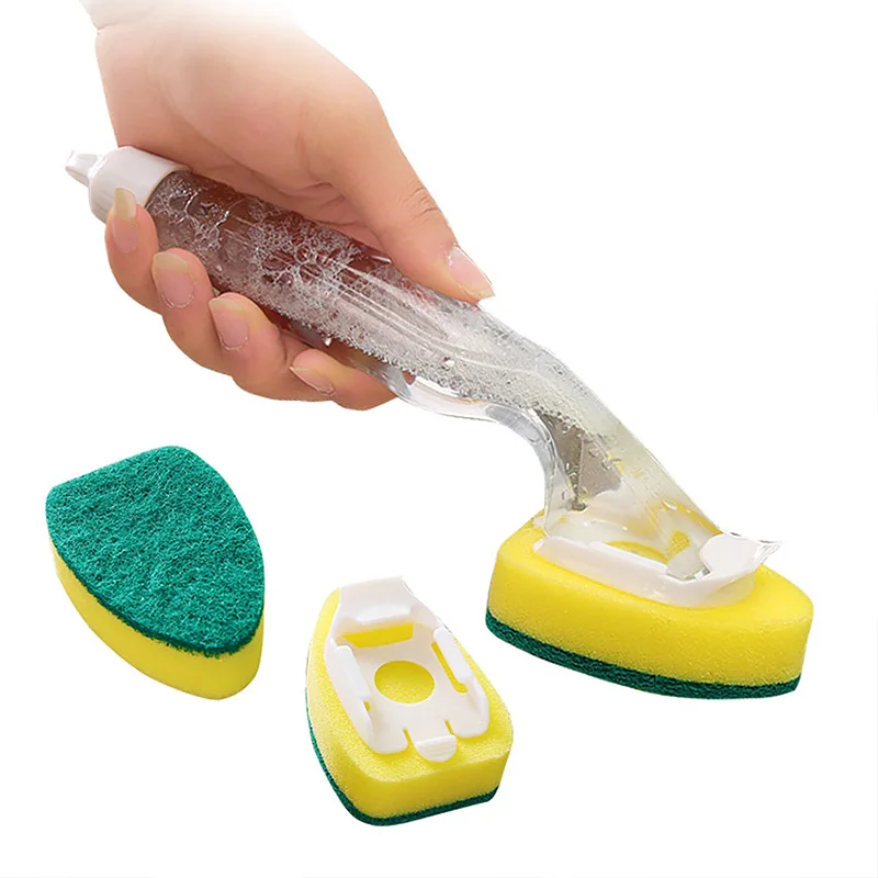 

Replaceable Cleaning Brush with Refill Liquid Handle Scouring Pad Sponge Brush Dispenser Dish Scrubber Home Dishwashing Tool