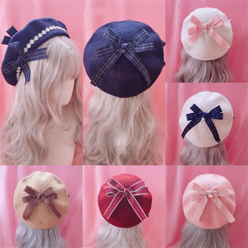 

Spring And Autumn Bow Wool Lolita Beret Female Princess Gift Sweet Felt Fashion Cute Beret Japanese Style Mori Girl Hat 2022 New