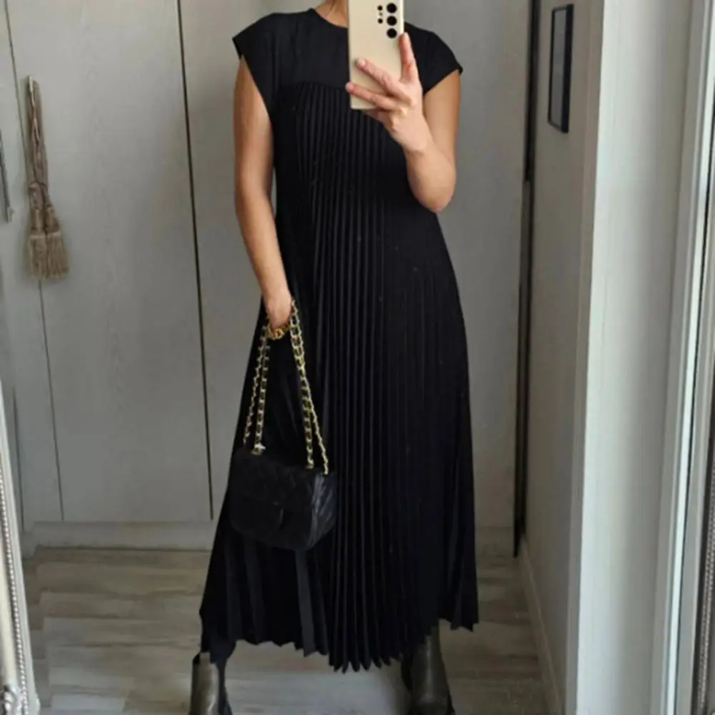 

Women Dress Pleated Round Neck Solid Color Loose A-line Sleeveless Mid-calf Length Soft Summer Commute Midi Dress