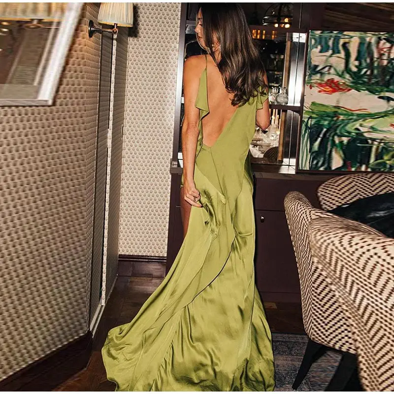 Elegant Green Satin Ruffle Dress Women Backless Spaghetti Strap Maxi with Side Split OUT1038 Elegant Green Satin Ruffle Dress Women Backless Spaghetti Strap Maxi with Side Split OUT1038