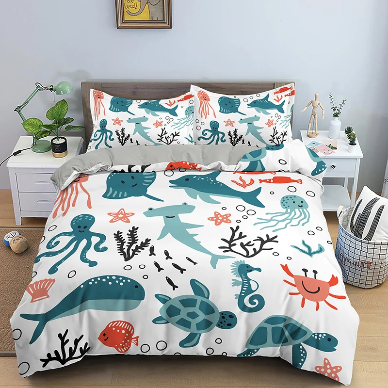 

Cartoon Marine Life Printing Bedding Set Boho Comforter Duvet Quilt Cover and Pillowcase Twin Queen King Size Soft Bedclothes