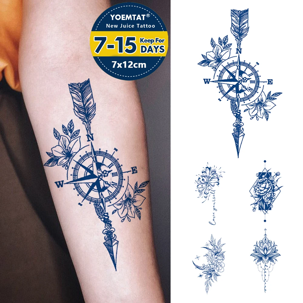 

Полуперманентные цветы с компасом в стиле Харадзюку, водостойкие временные тату-наклейки, чернильные стойкие татуировки, искусственные татуировки для боди-арта для женщин и мужчин