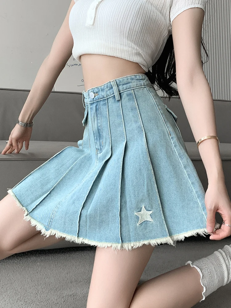 

Embroidered Pleated Skorts Girls High Waist A-Line Short Mini Shorts Skirts Women Summer New Vintage Ripped Casual Saias Mujer