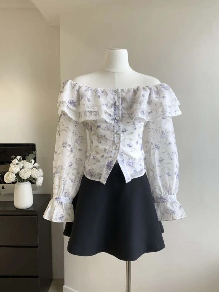 Милая французская рубашка с открытыми плечами и длинным рукавом, топы с принтом, корейская мода, повседневная рубашка для женщин, блузы 2023 
Милая французская рубашка с открытыми плечами и длинным рукавом, топы с принтом, корейская мода, повседневная рубашка для женщин, блузы 2023