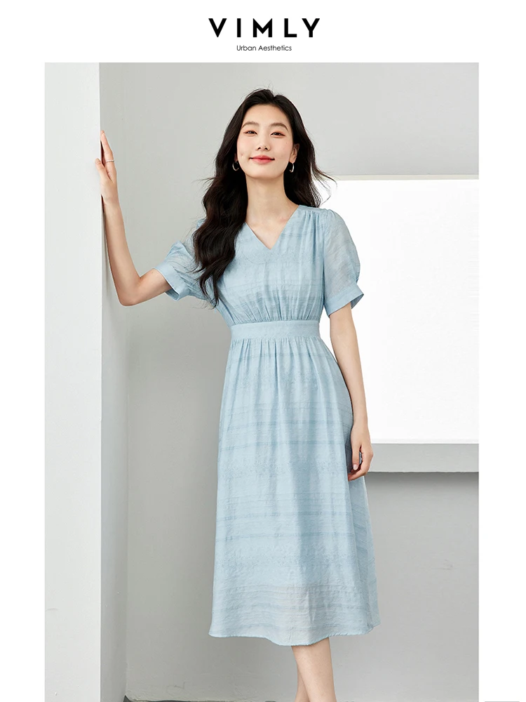 

VIMLY French V-neck Dress 2024 Summer New Bubble Sleeve Hepburn Style Slimming A-Line Dress for Female Elegance Dress M6370