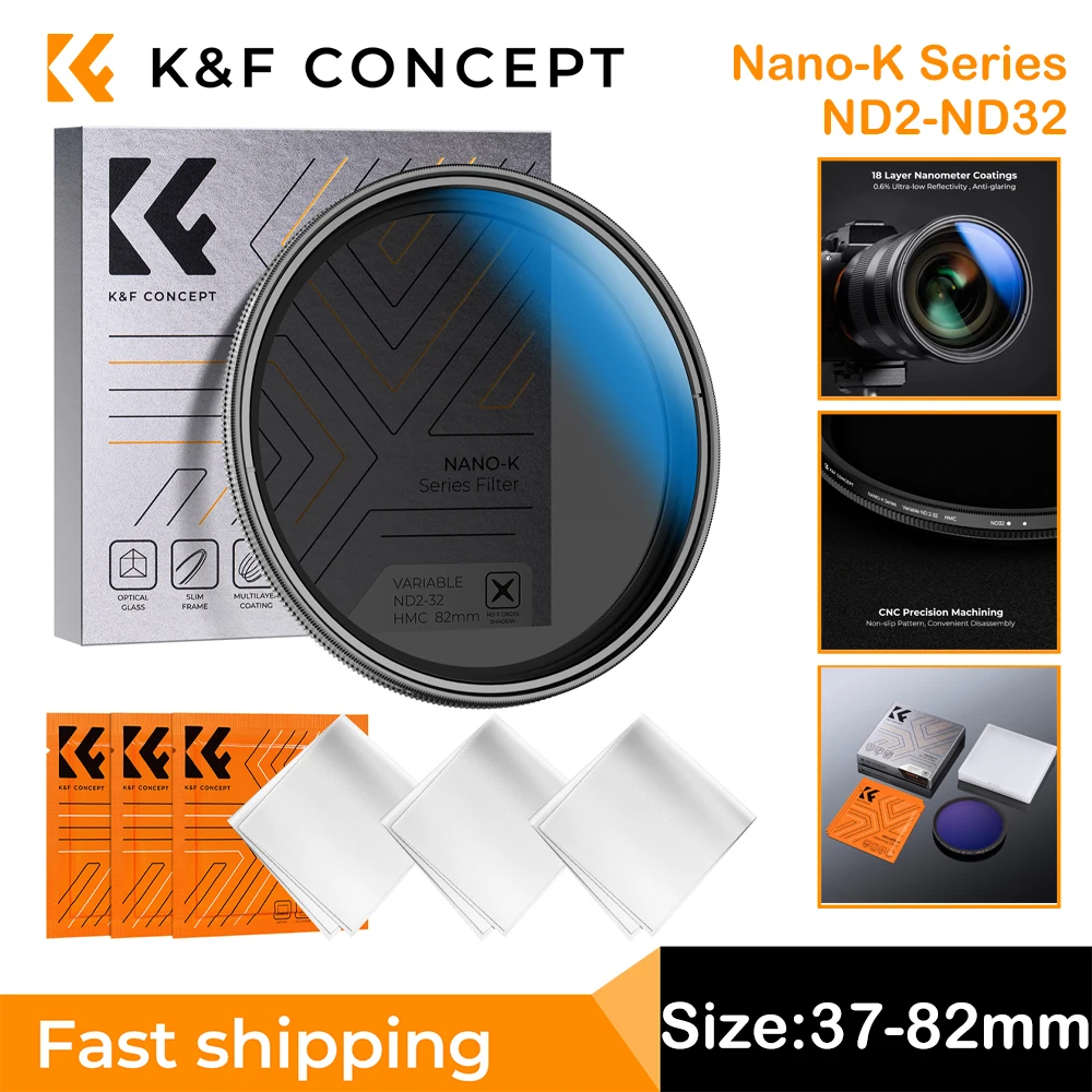 

K&F CONCEPT Variable ND Filter ND2-ND32 37-82mm No Black Cross 1-5 Stops Neutral Density Camera Lens 18 Layers for Nano-K Series