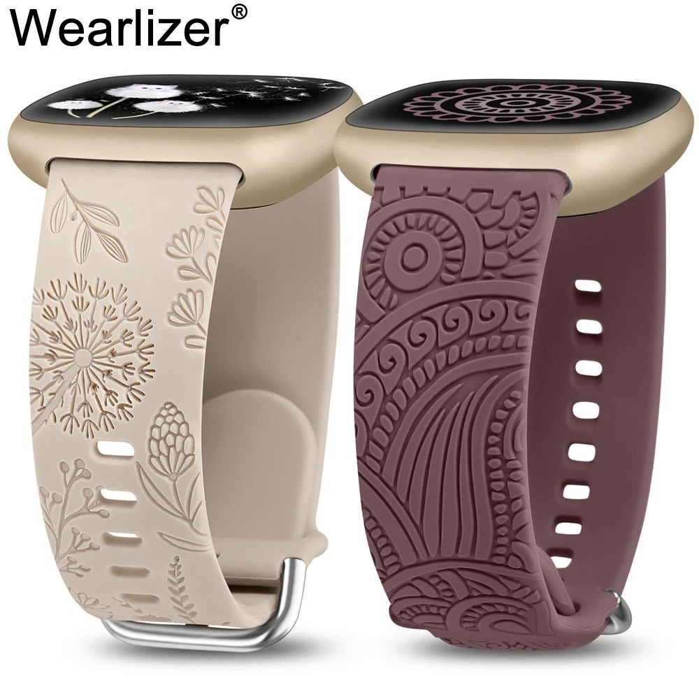 

Wearlizer 2 Packs Dandelion Henna Floral Engraved Band for Fitbit Versa 4/Sense 2/Versa 3/Sense Women Soft Silicone Sport Strap