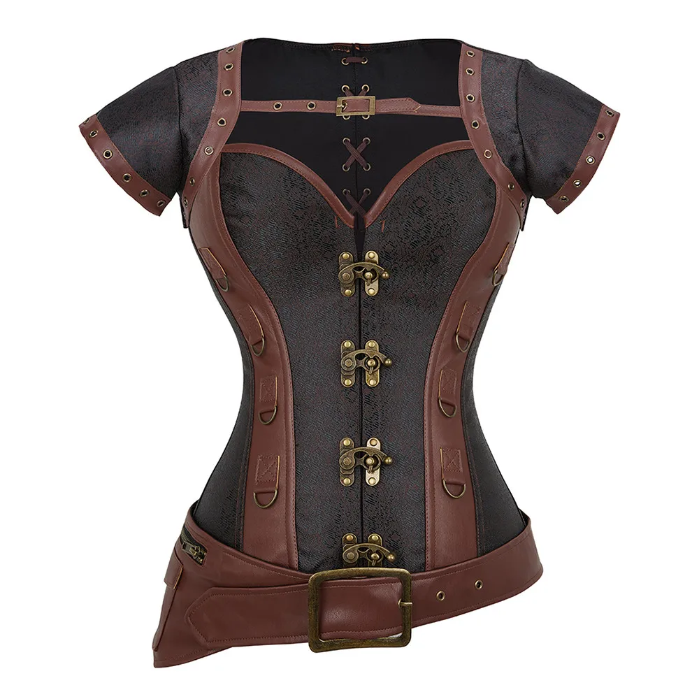 

Faux Leather Corset With Jacket Steampunk Body Shapewear Woman Brown Gothic Clothes Bodice Bustier Vintage Burlesque Goth