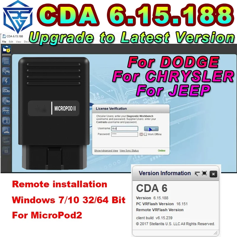 

CDA6 CDA 6.15.188 Newest Engineering Software Support MicroPod 2 for FLASH Downloader AND VIN EDITING for DODGE / CHRYSLER/ JEEP