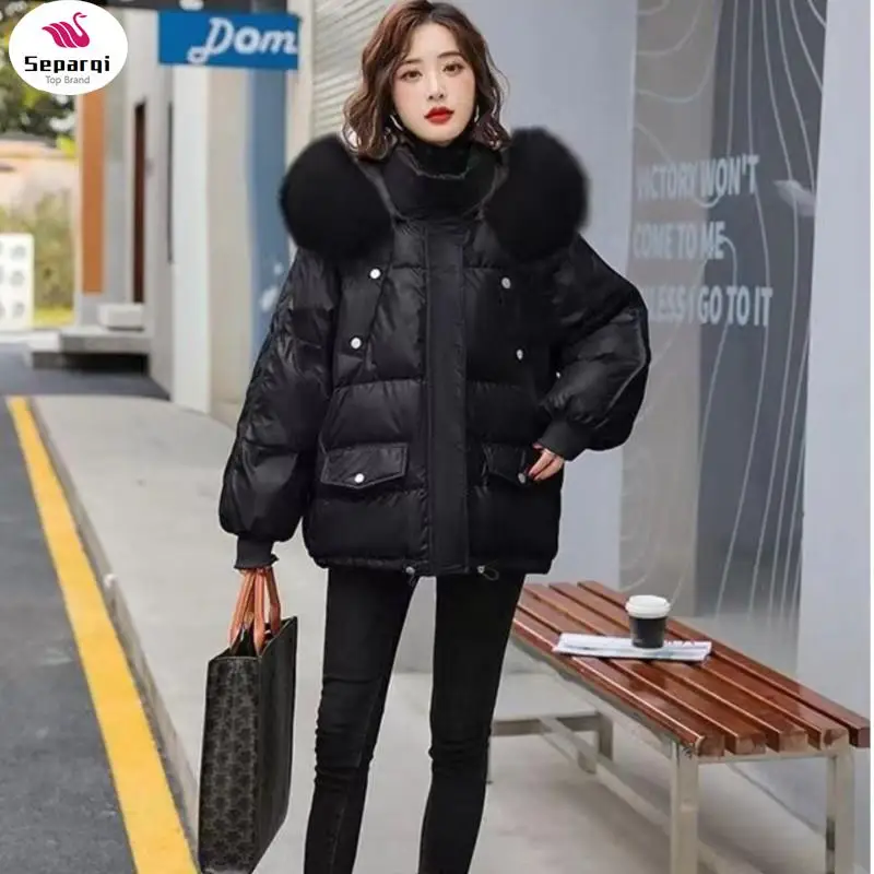 

SEPARQI Faux Fur Coat Fox Fur Collar 2024 Winter Jacket Women Loose Short Down Coat White Duck Down Jacket Thick Warm Parka