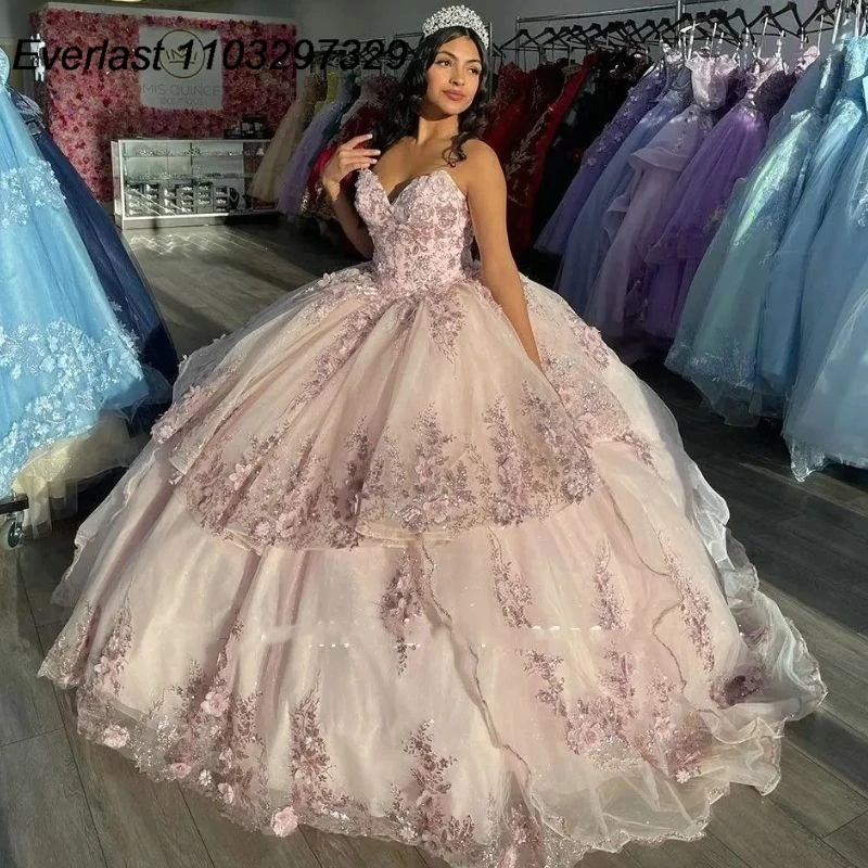

EVLAST Glitter Blush Pink Quinceanera Dress Ball Gown Lace Applique Beaded Crystals Tiered Sweet 16 Vestido De 15 Anos TQD630