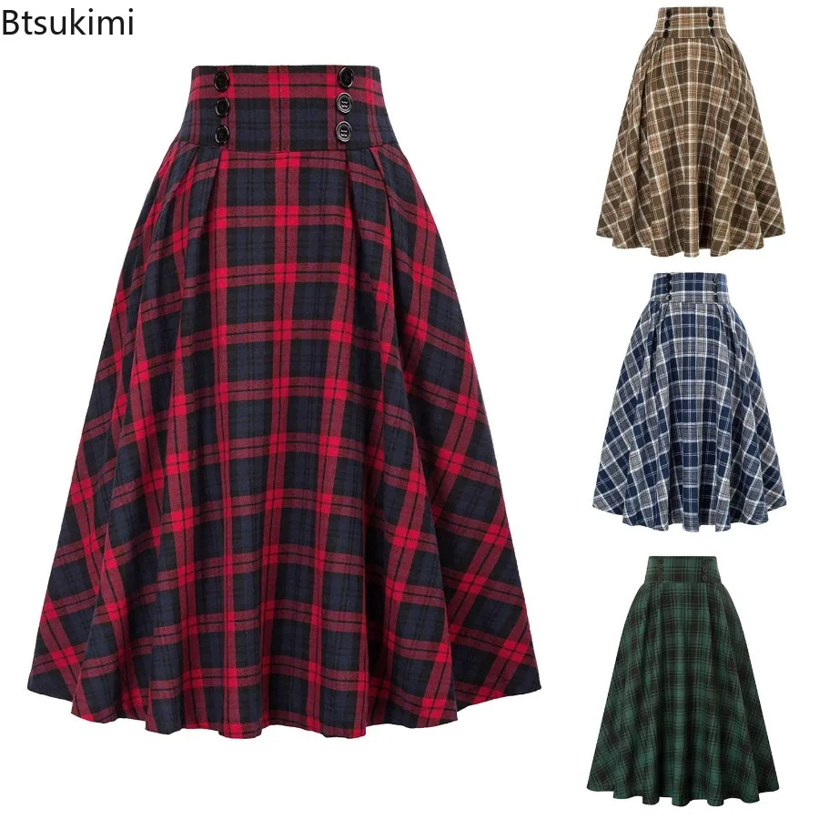 

2024 Women's Casual Pleated Plaid Skirt Autumn Winter High Waist Korean Style Preppy Midi Skirts Button Decoration Female Skirt