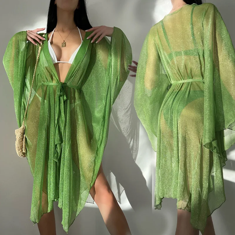 Women Summer Casual Bikini Cover Up Swimsuit Green Mesh Sheer Shiny Beach Tunic Dress Long Sleeve V Neck Bandage Beachwear
Women Summer Casual Bikini Cover Up Swimsuit Green Mesh Sheer Shiny Beach Tunic Dress Long Sleeve V Neck Bandage Beachwear