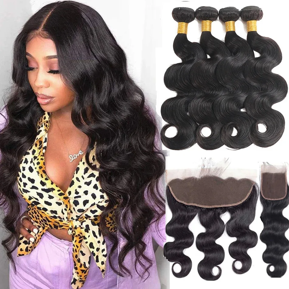 

Brazilian Body Wave Bundles With Frontal 100% Human Hair Wavy Bundles With Lace Closure Virgin Hair Weave Remy Hair Extensions