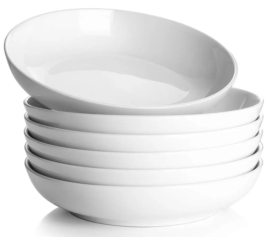 

6-Piece Set of 30oz Pasta Bowls - Wide and Shallow, Ideal for Salad and Soup, Porcelain Plates, Microwave, and Dishwasher Safe