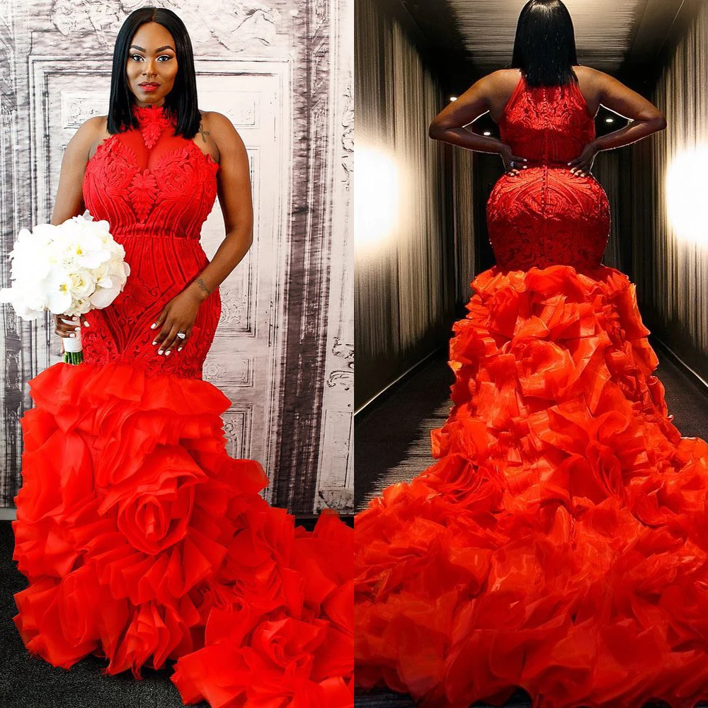 Gorgeous Red Mermaid Evening Dresses Plus Size Halter Prom Gowns Custom Made Lace Appliques Tiered Ruffles Party Dresses
Gorgeous Red Mermaid Evening Dresses Plus Size Halter Prom Gowns Custom Made Lace Appliques Tiered Ruffles Party Dresses