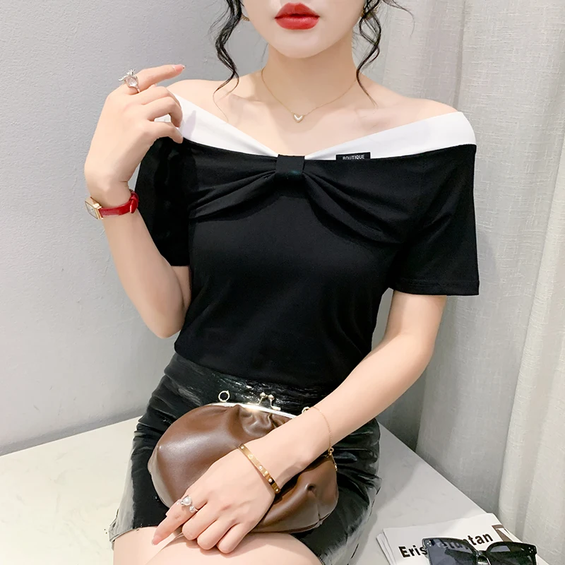 

Black Summer Korean Style T-Shirt Chic Sexy Off Collar Color Blocking Bowknot Women Tops Short Sleeve Casual Tees 2024 New 43264