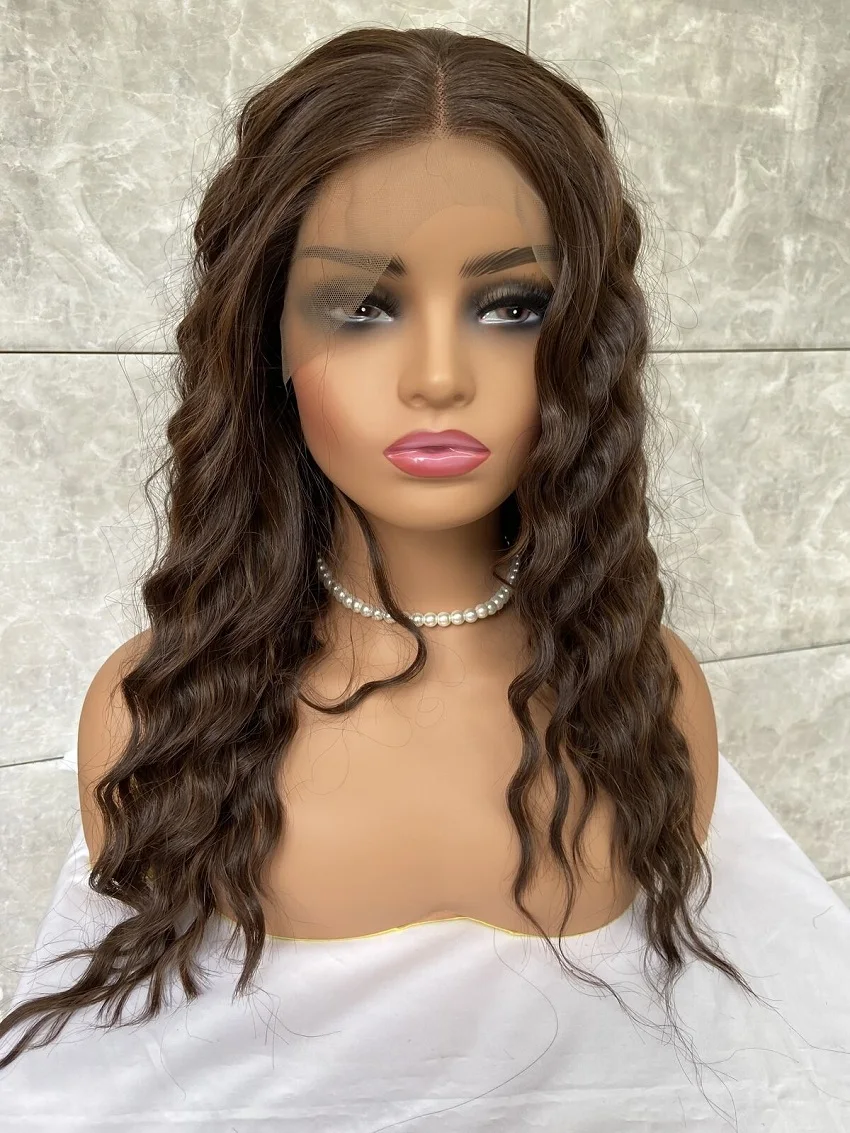 

Human Hair Blend Full Lace Front Wig Wavy Brown Mix Heat OK Women Natural Soft