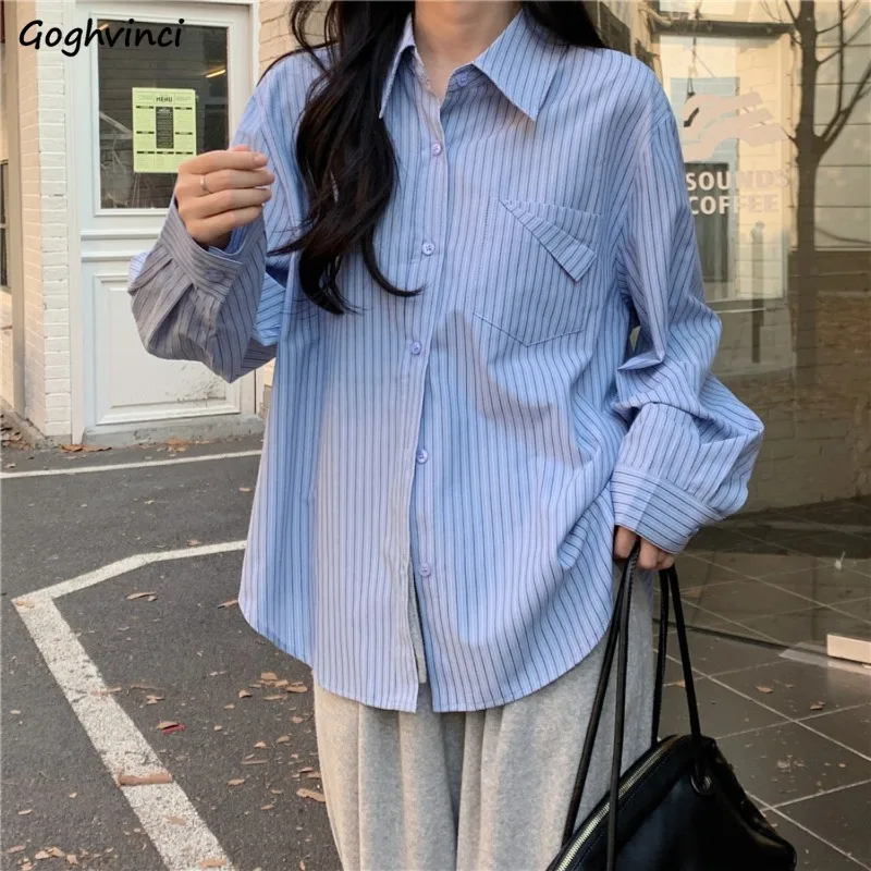 Blue Striped Shirts Women Design Simple All-match Leisure Korean Style Mujer Turn-down Collar Elegant Loose Preppy Streetwear
Blue Striped Shirts Women Design Simple All-match Leisure Korean Style Mujer Turn-down Collar Elegant Loose Preppy Streetwear