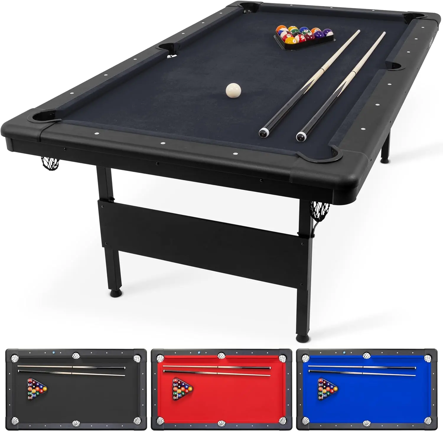 

6, 7, or 8 Ft Billiards Table - Portable Pool Table - Includes Full Set of Balls, 2 Cue Sticks, Chalk and Felt Brush