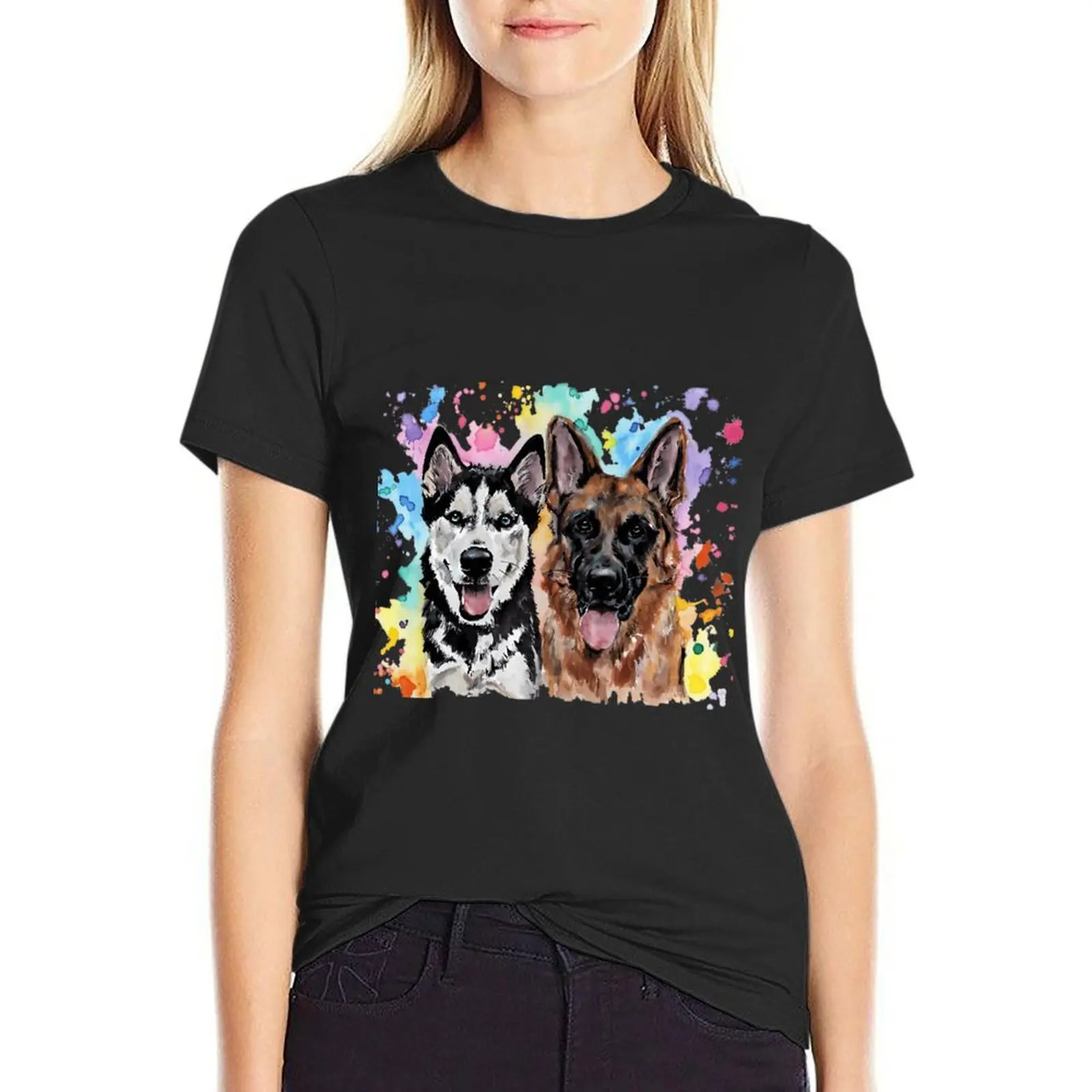 

Watercolour Husky and German Shepherd \t \t T-shirt funny Short sleeve tee oversized t shirts for Womens