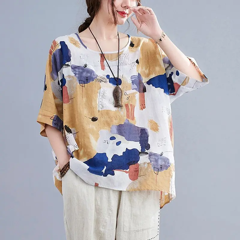 

Summer New Korean Loose Casual Elegant Pullovers Crew Neck Printed Spliced Short Sleeve Women's Commuter Irregular T-shirt Tops