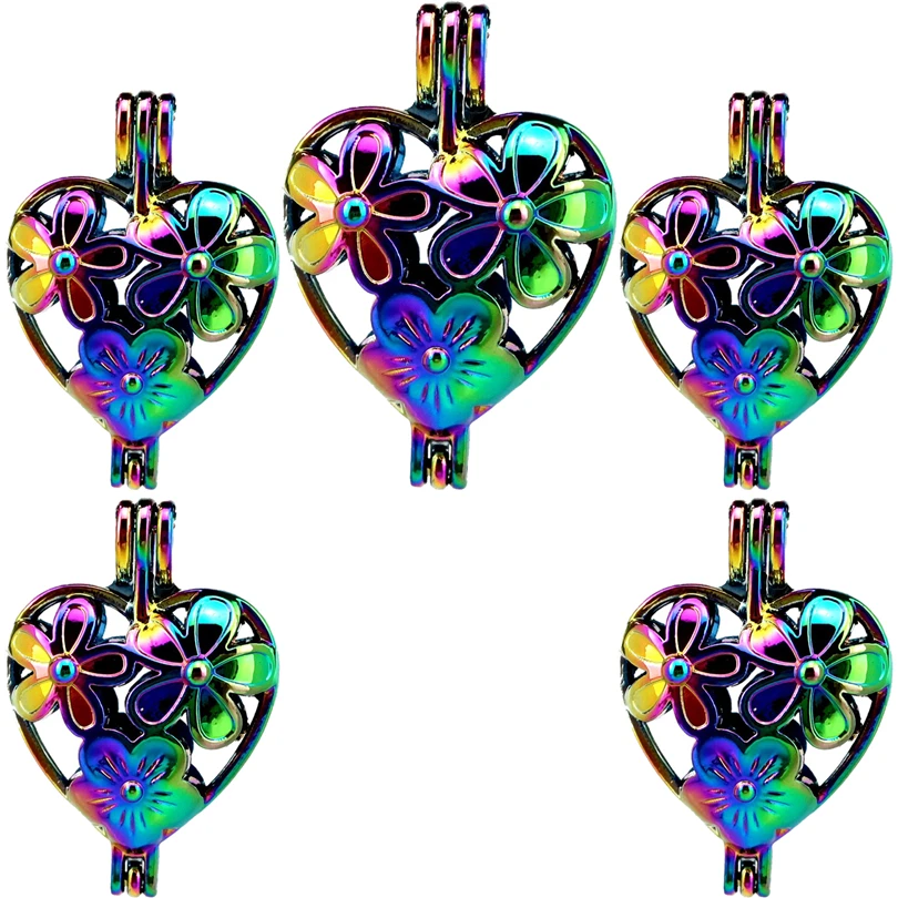 

10PCS Love Heart Flower Charms Pearl Cage Locket Aromatherapy Diffuser Pendant For Gift Necklace Keychain DIY Jewelry Making