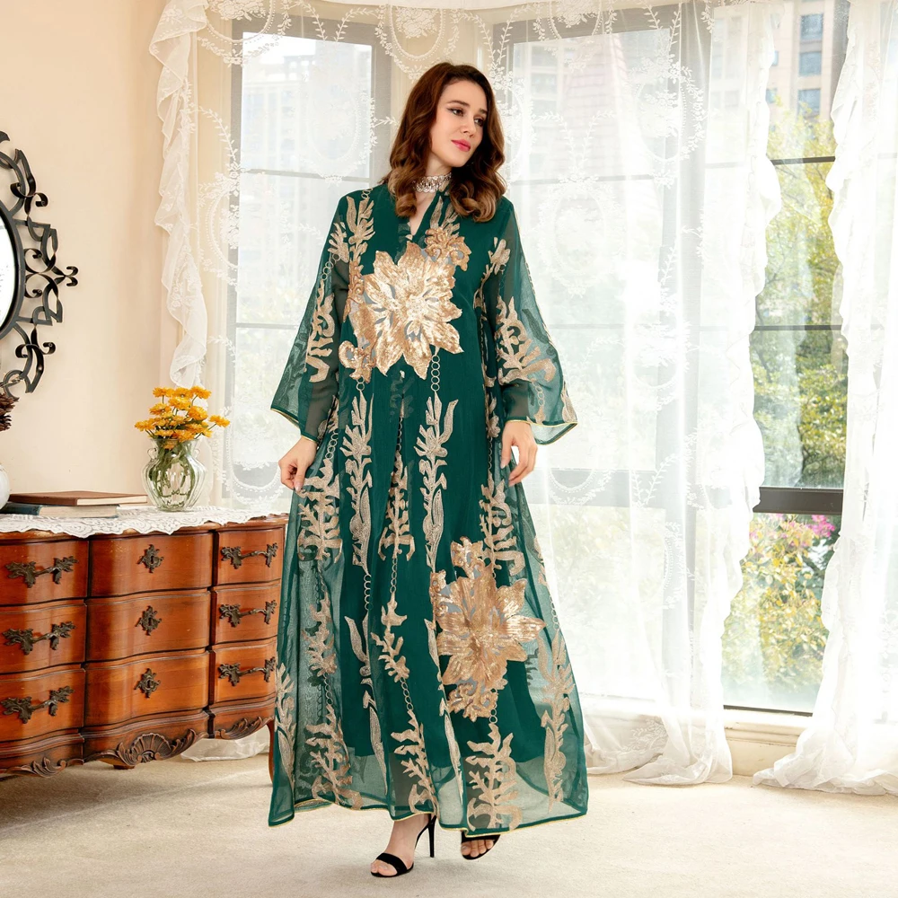 Maxi Dress Golden Sequins Embroidery Green White Abaya Woman Muslim Female Jalabiya Arabic Elegant Clothing Long Sleeves 189 Mallzona Sf7d4bf3195a44029a0b815582f324d4cK Maxi Dress Golden Sequins Embroidery Green White Abaya Woman Muslim Female Jalabiya Arabic Elegant Clothing Long Sleeves Mallzona