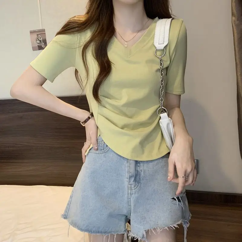 Women's T-shirt Summer Cotton Short Sleeve Loose Pullover V-Neck Solid Folds Pink Clothes Fashion Elegant Casual Vintage Tops
Women's T-shirt Summer Cotton Short Sleeve Loose Pullover V-Neck Solid Folds Pink Clothes Fashion Elegant Casual Vintage Tops