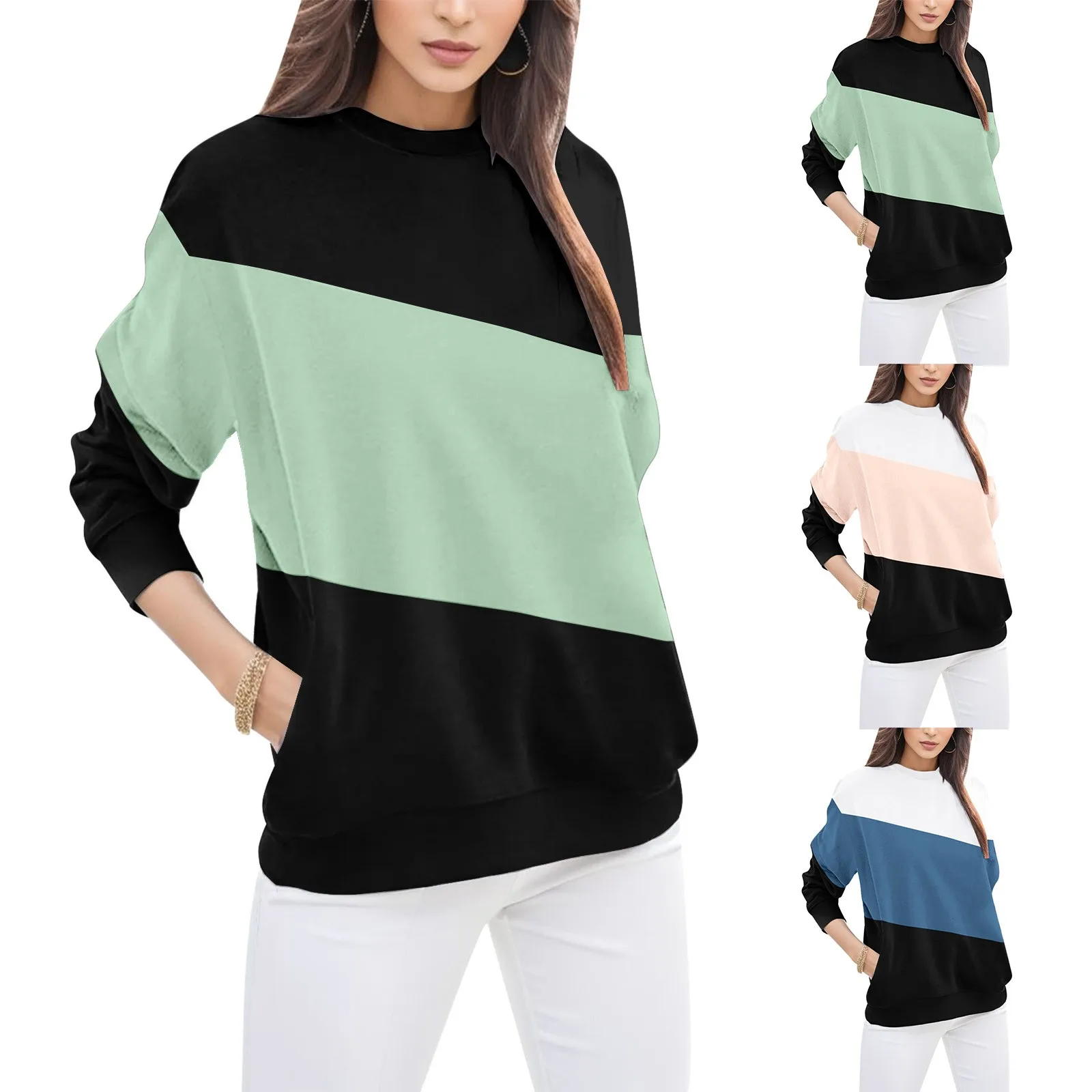 Spring Women Casual Loose Sweatshirt Fashion Clash Color Stripe Long Sleeve Sweatshirt Round Neck Pullover Pocket Sweatshirt
Spring Women Casual Loose Sweatshirt Fashion Clash Color Stripe Long Sleeve Sweatshirt Round Neck Pullover Pocket Sweatshirt